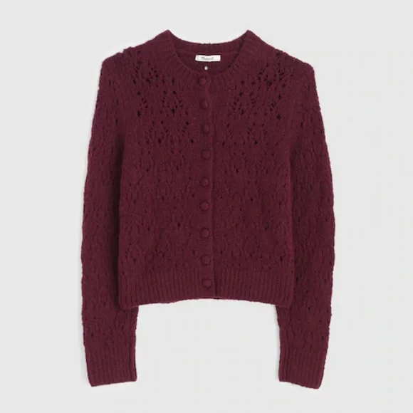 Madewell Pointelle-Stitch Cardigan Cotton Blend in Dark Pomegranate Size Medium - Picture 3 of 10